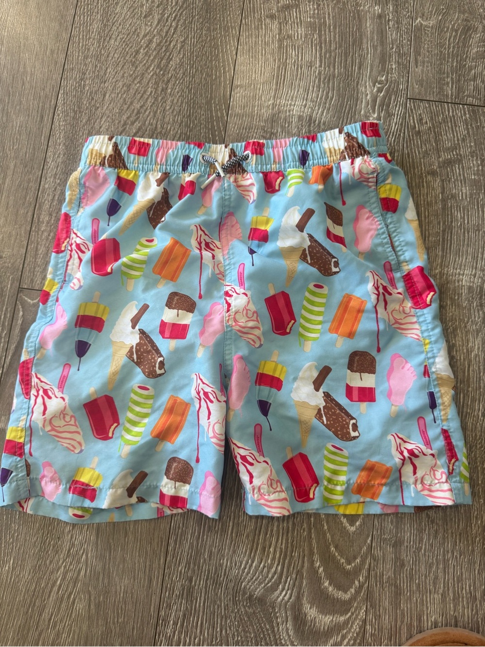 Kids Light Blue Ice Cream Print Swim Trunks with Elastic Waist